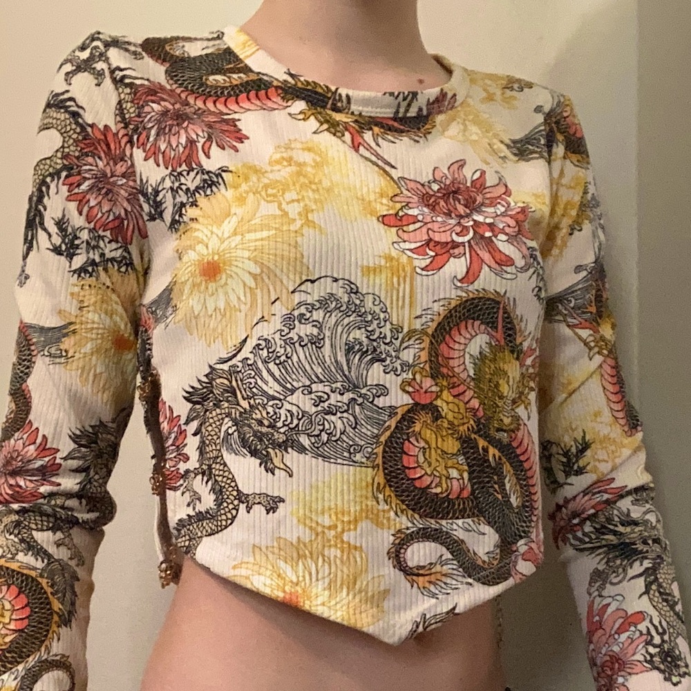 Large Dragon bandana style Long Sleeve Trendy Shirt, Chain Side Slit Teens
